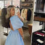 THML puff sleeve blue striped dress