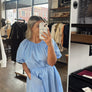 THML puff sleeve blue striped dress