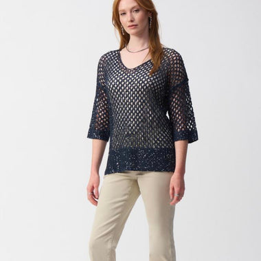 Joseph Ribkoff Navy Open Stitch Sweater with Sequins