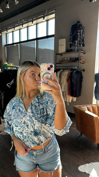 Elan blue leafy floral pouf sleeve top