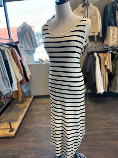 FRNCH cream/black stripe midi dress
