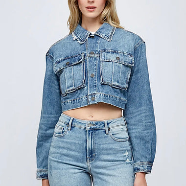 Hidden Cropped Cargo Denim Jacket