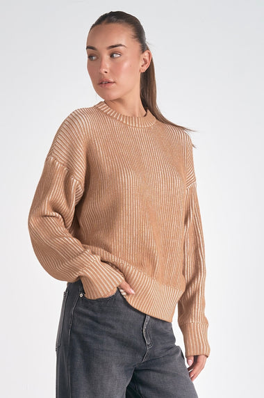Elan Tan and White Striped Cozy Sweater