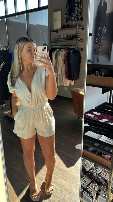 Hem & thread oatmeal v-neck romper