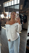 Elan off the shoulder striped button down