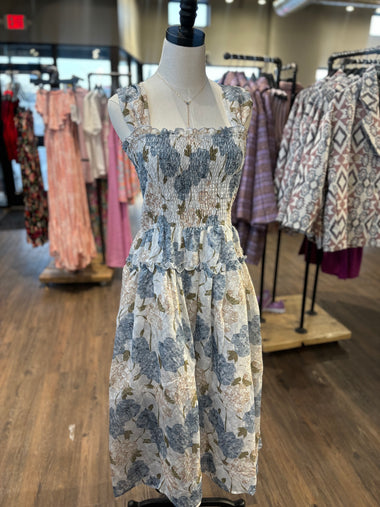 Aureum Blue Peony Tiered Midi Dress