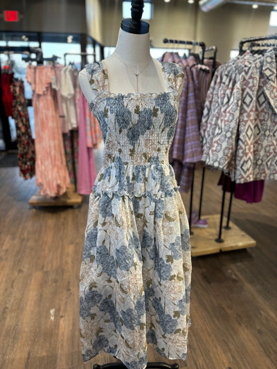 Aureum Blue Peony Tiered Midi Dress
