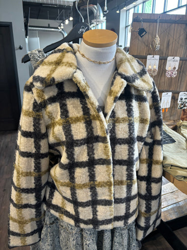 Aureum Black and Olive Faux Fur Plaid Jacket