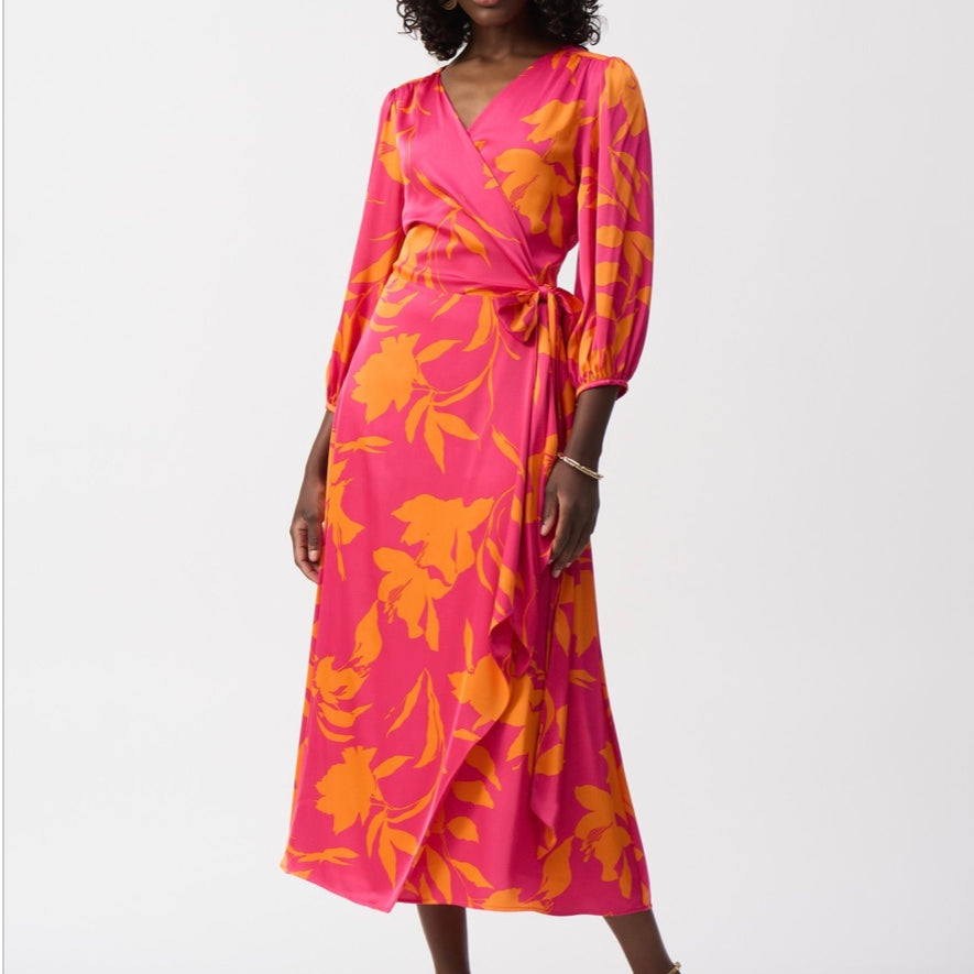 Joseph Ribkoff Pink/Orange Satin Floral Print Wrap Dress Style 251906 8 Joseph Ribkoff Pink/Orange Satin Floral Print Wrap Dress Style 251906 8