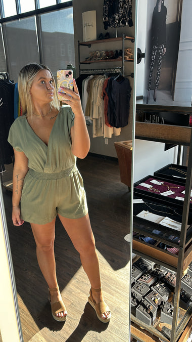 Hem & thread olive v-neck romper