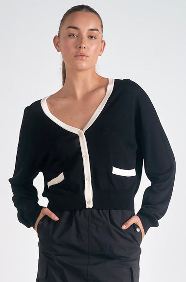 Elan Black and White Button V-neck sweater