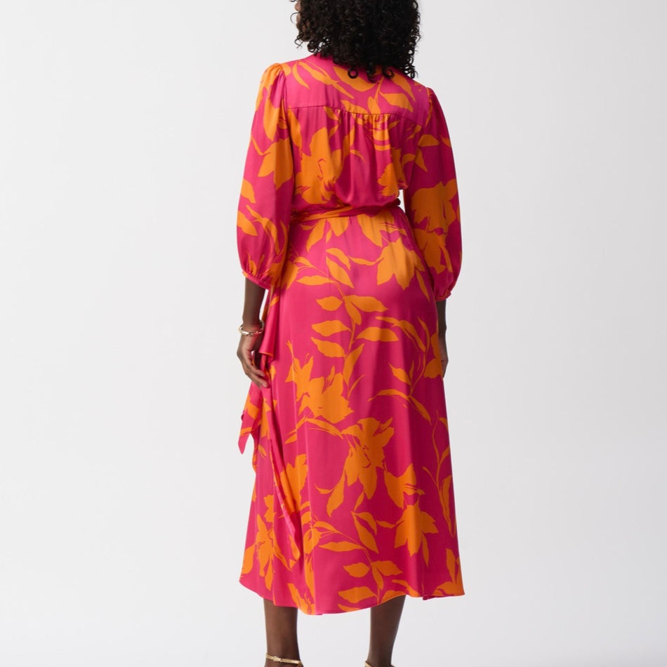 Joseph Ribkoff Pink/Orange Satin Floral Print Wrap Dress Style 251906 8 Joseph Ribkoff Pink/Orange Satin Floral Print Wrap Dress Style 251906 8