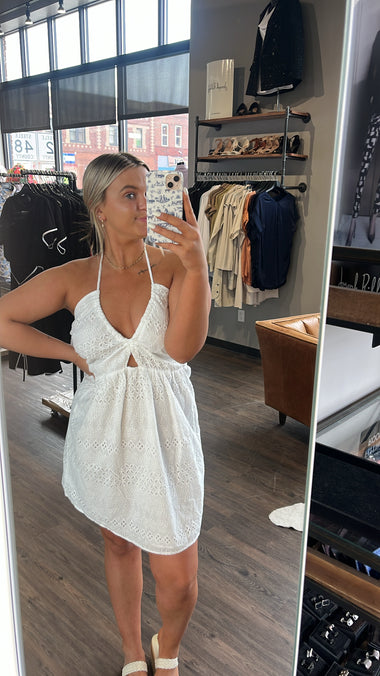 Lili Sidonio white lace cut out halter dress