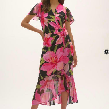 Joseph Ribkoff Silky Knit and Chiffon Floral Print Wrap Dress