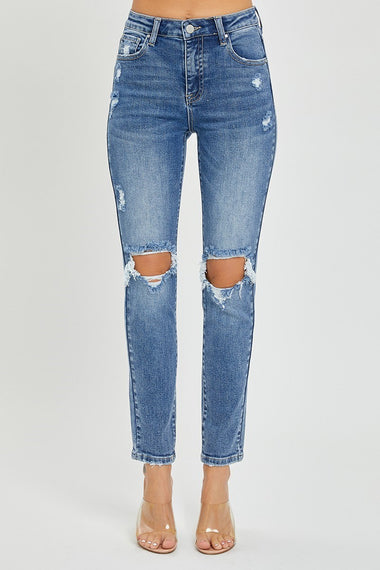 Risen ankle skinny distressed knee jeans