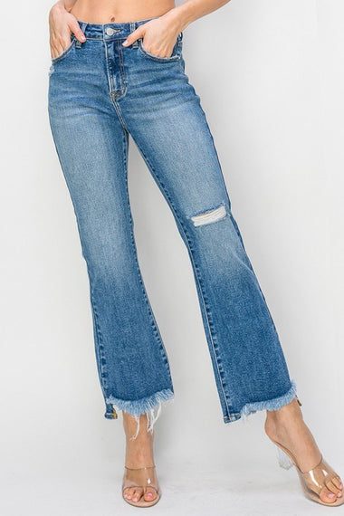Risen crop flare step hem jean
