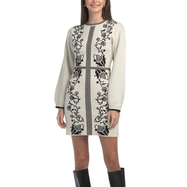 Zoe & Claire Long Sleeve Mock Neck Placed Floral Sweater Mini Dress