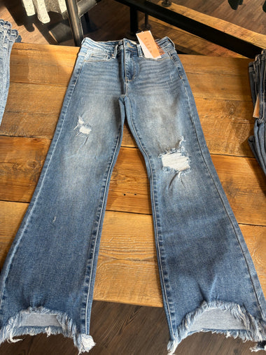 Risen High Rise-Crop Flare-Fray Hem Jeans