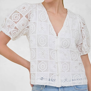 Zoe & Claire Embroidered Eyelet Button Top