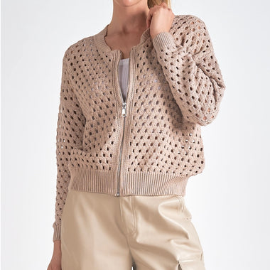 Elan taupe full zip open knit sweater