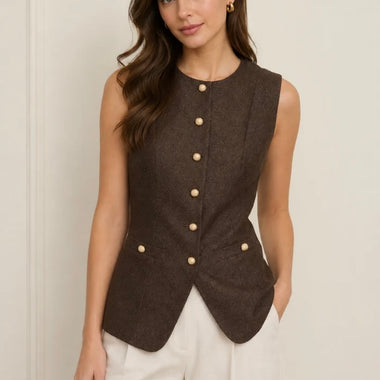 Zoe & Claire Gold Detailed Brown Vest